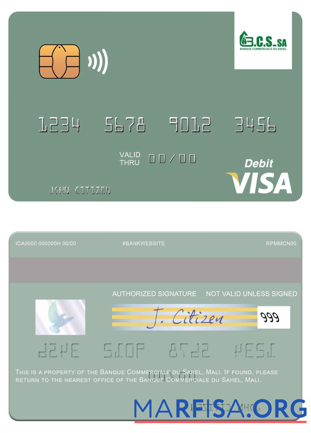 Realistic Mali Banque Commerciale du Sahel visa debit card template